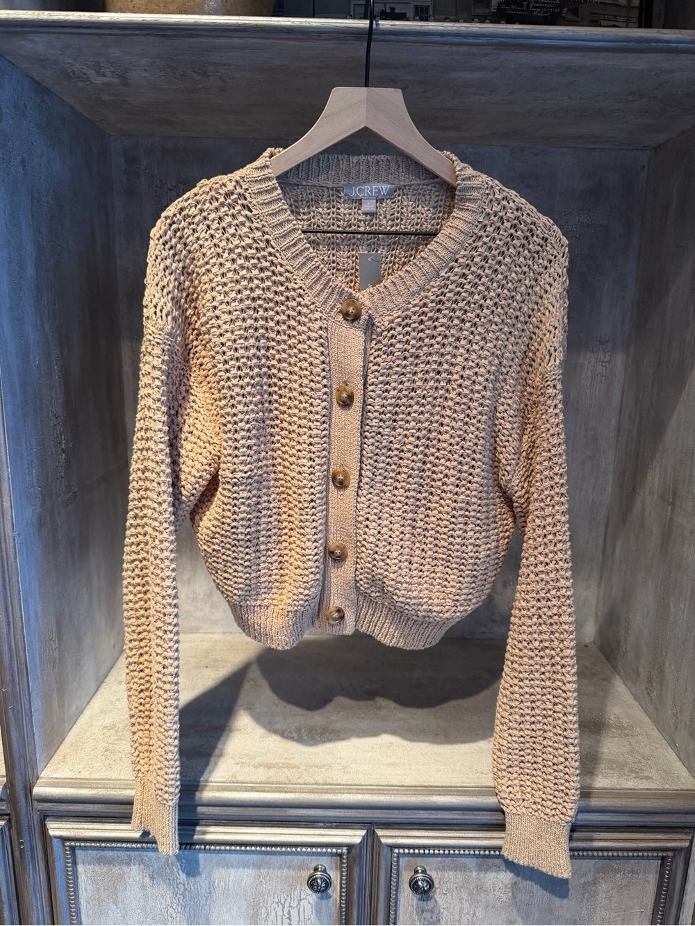 J. Crew Tan Cropped Chunky Woven Button Cardigan